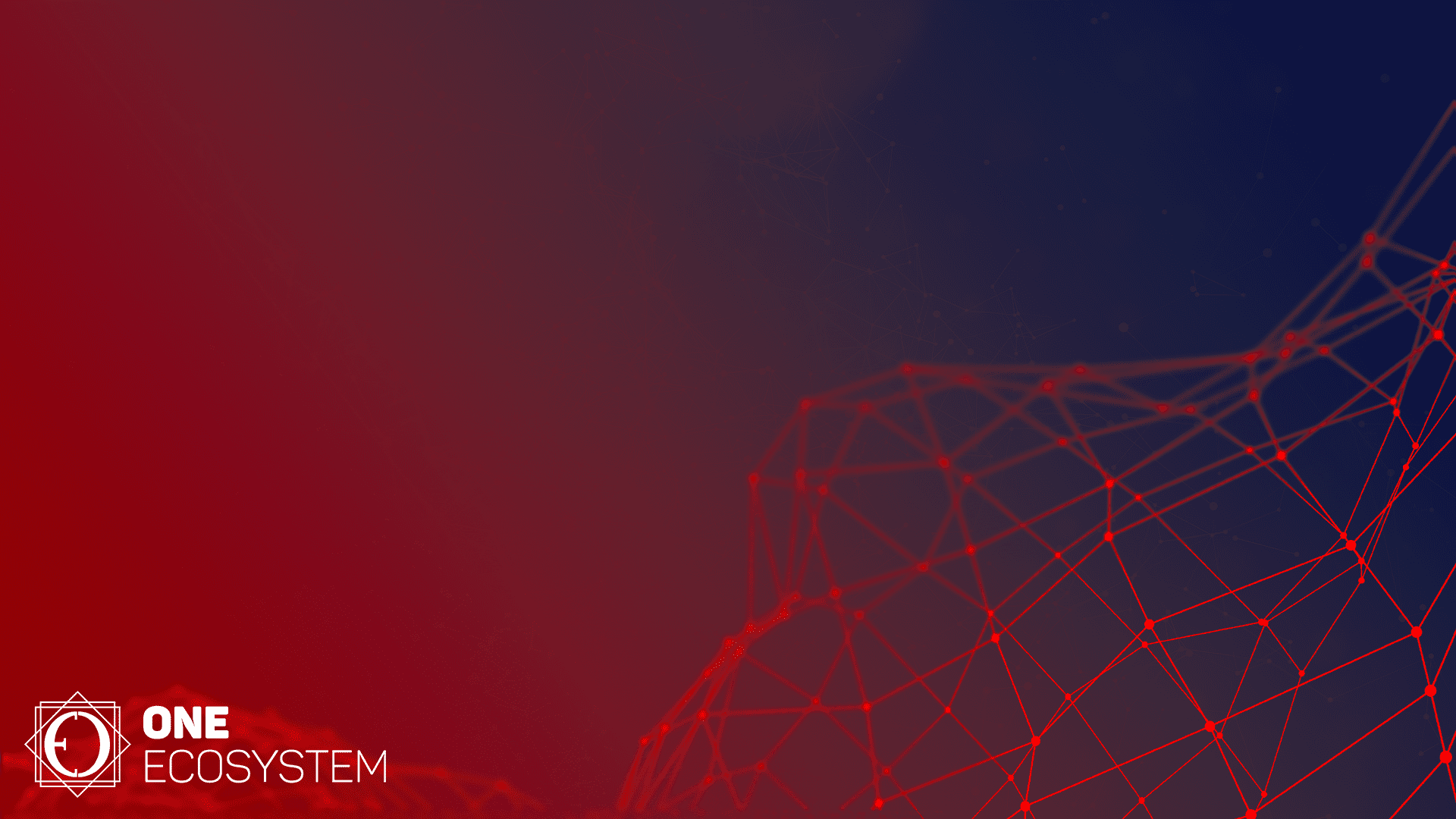 Auf einem dunklen Hintergrund mit einem roten und blauen Farbverlauf sehen Sie ein Netzwerk aus miteinander verbundenen roten Linien und Knoten. In der unteren linken Ecke befinden sich die Worte "ONE ECOSYSTEM" und ein geometrisches Logo, das den Einsatz einer einheitlichen Plattform symbolisiert, die auf einer öffentlichen Blockchain basiert.
