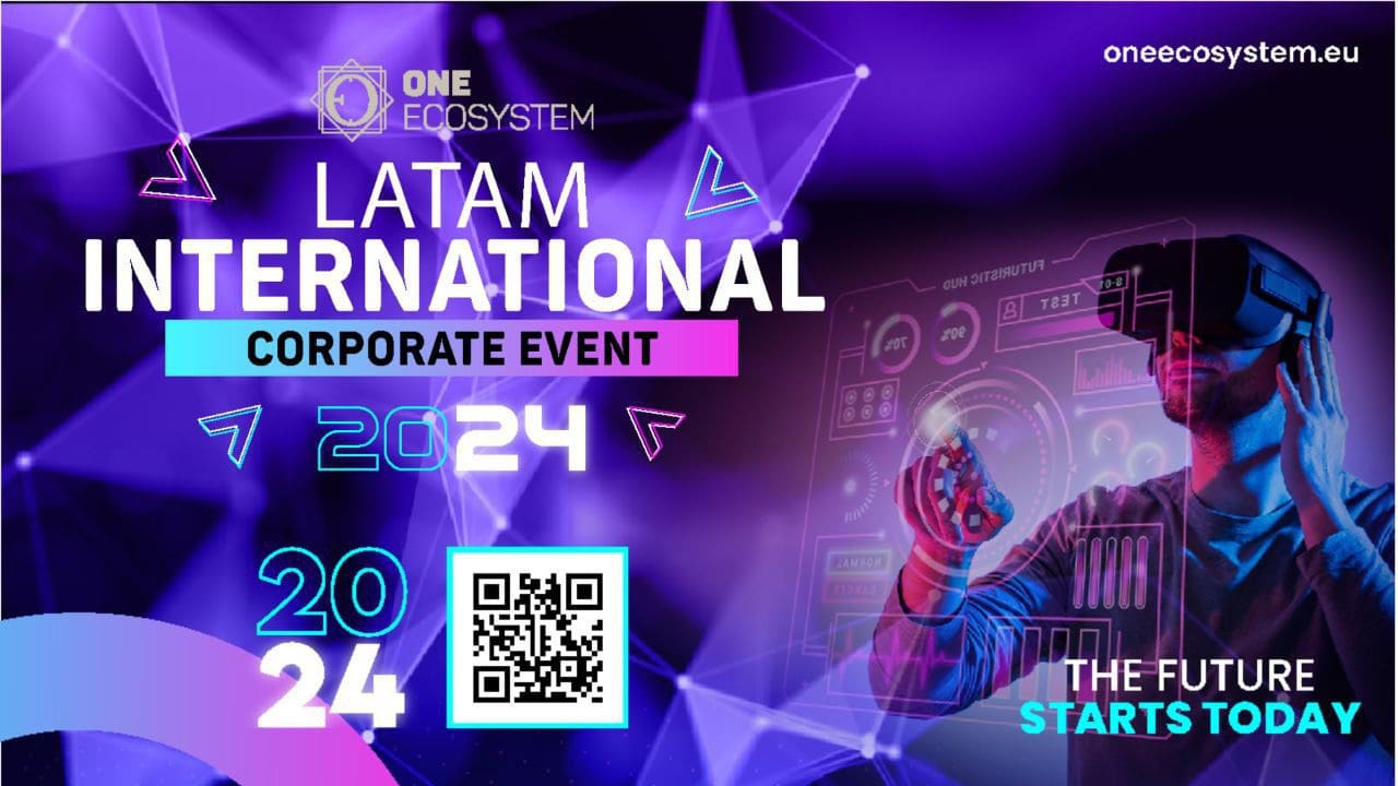 Werbegrafik für das LATAM International Corporate Event 2024 von One Ecosystem. Es verfügt über QR-Codes, futuristische Grafiken und eine Person, die ein VR-Headset trägt, um mit digitalen Elementen zu interagieren. Die Columbia Deal Shaker Expo ist ein weiteres Event, das man sich ansehen sollte.