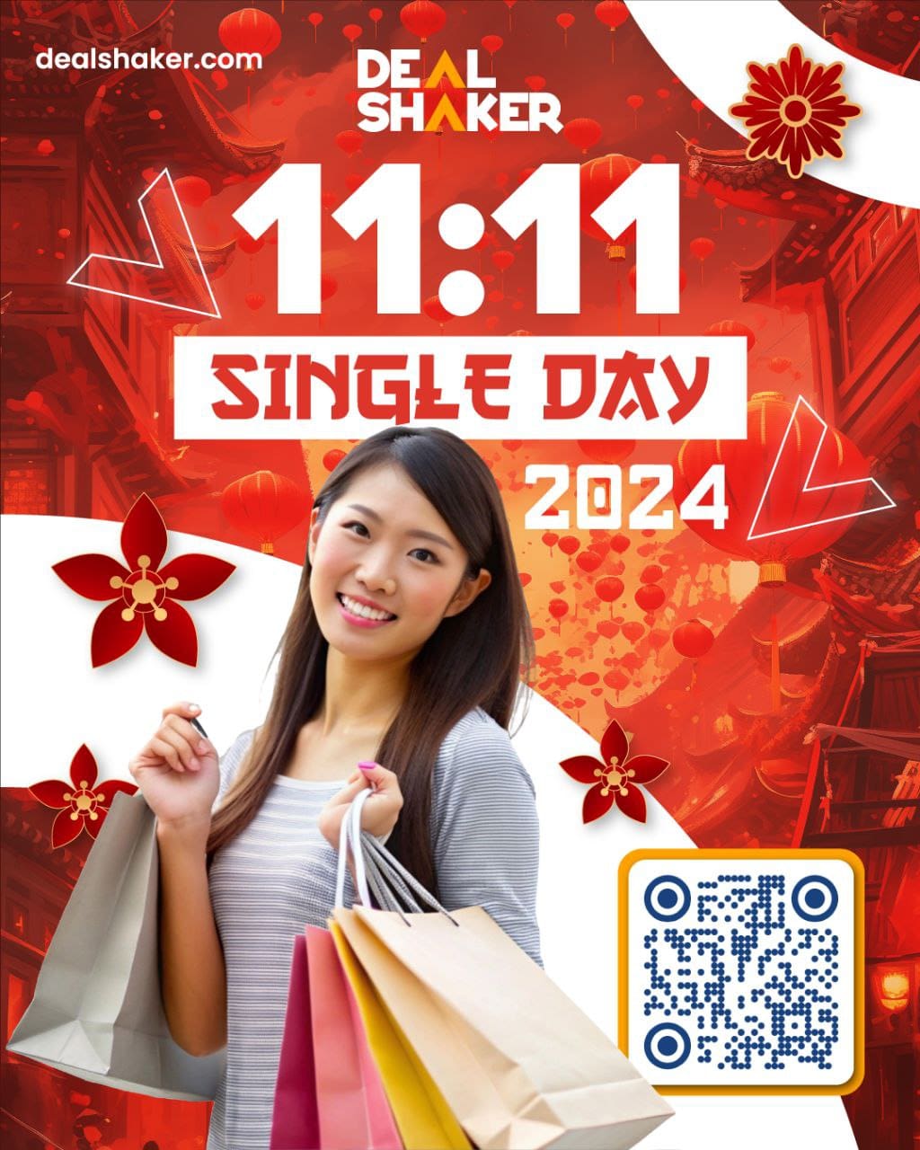 Eine lächelnde Frau feiert Double Eleven mit der Aufregung von DealShaker, während sie eine Einkaufstasche mit einem QR-Code in der Hand hält, auf dem auf einem leuchtend roten festlichen Hintergrund "Singles' Day 2024 at 11:11 a.m." steht.
