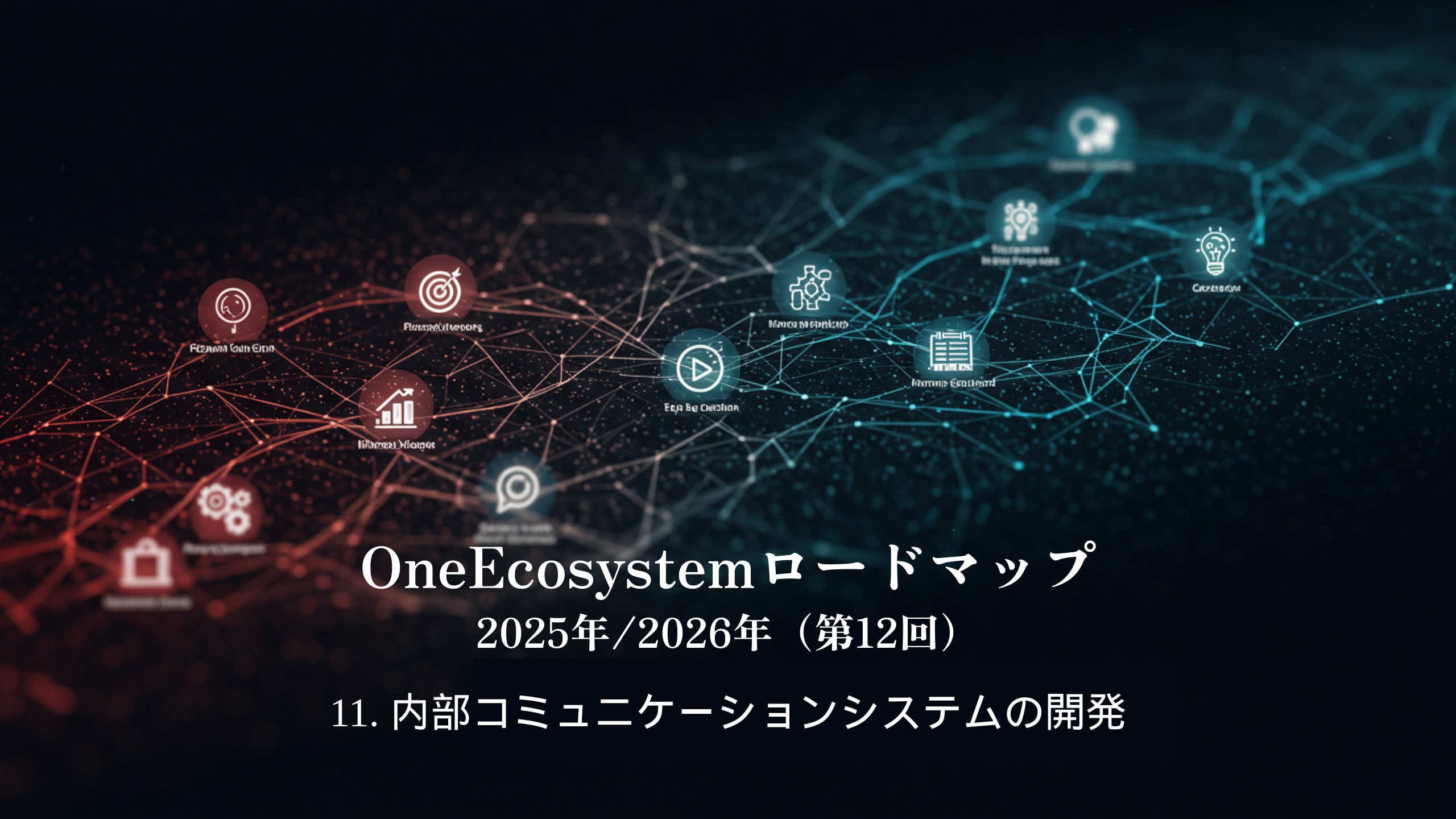 Hintergrund eines digitalen Netzwerks bestehend aus roten und blauen Knoten: "OneEcosystem Roadmap 2025/2026 (12th) 11. Entwicklung eines internen Kommunikationssystems" und Betonung der Zukunftsvision interner Kommunikationssysteme.