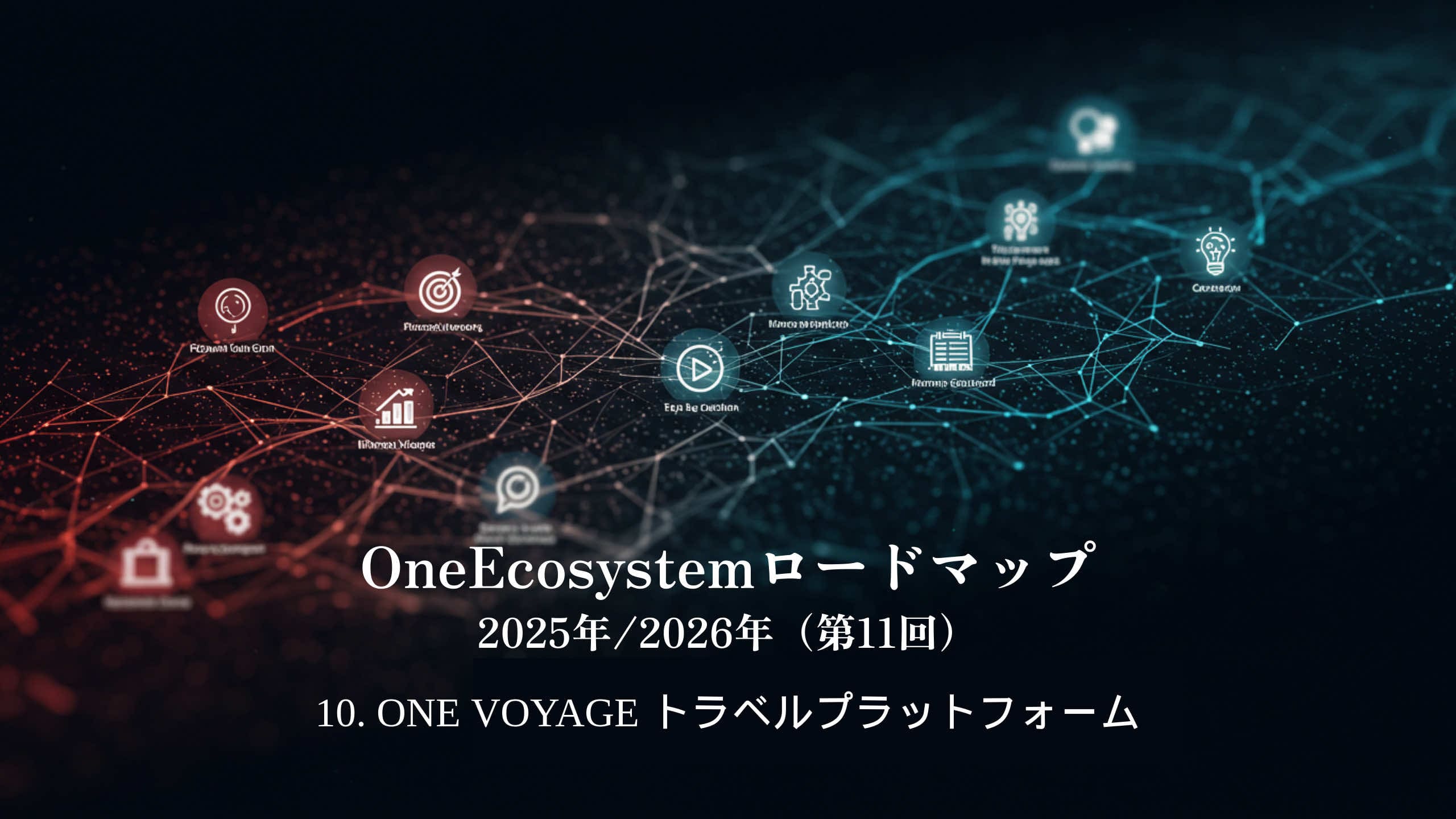 Digitale Netzwerkgrafiken mit Blockchain und Reisesymbolen. Der japanische Text lautet "OneEcosystem Roadmap 2025/2026 (11th)10. ONE VOYAGE Reiseplattform.