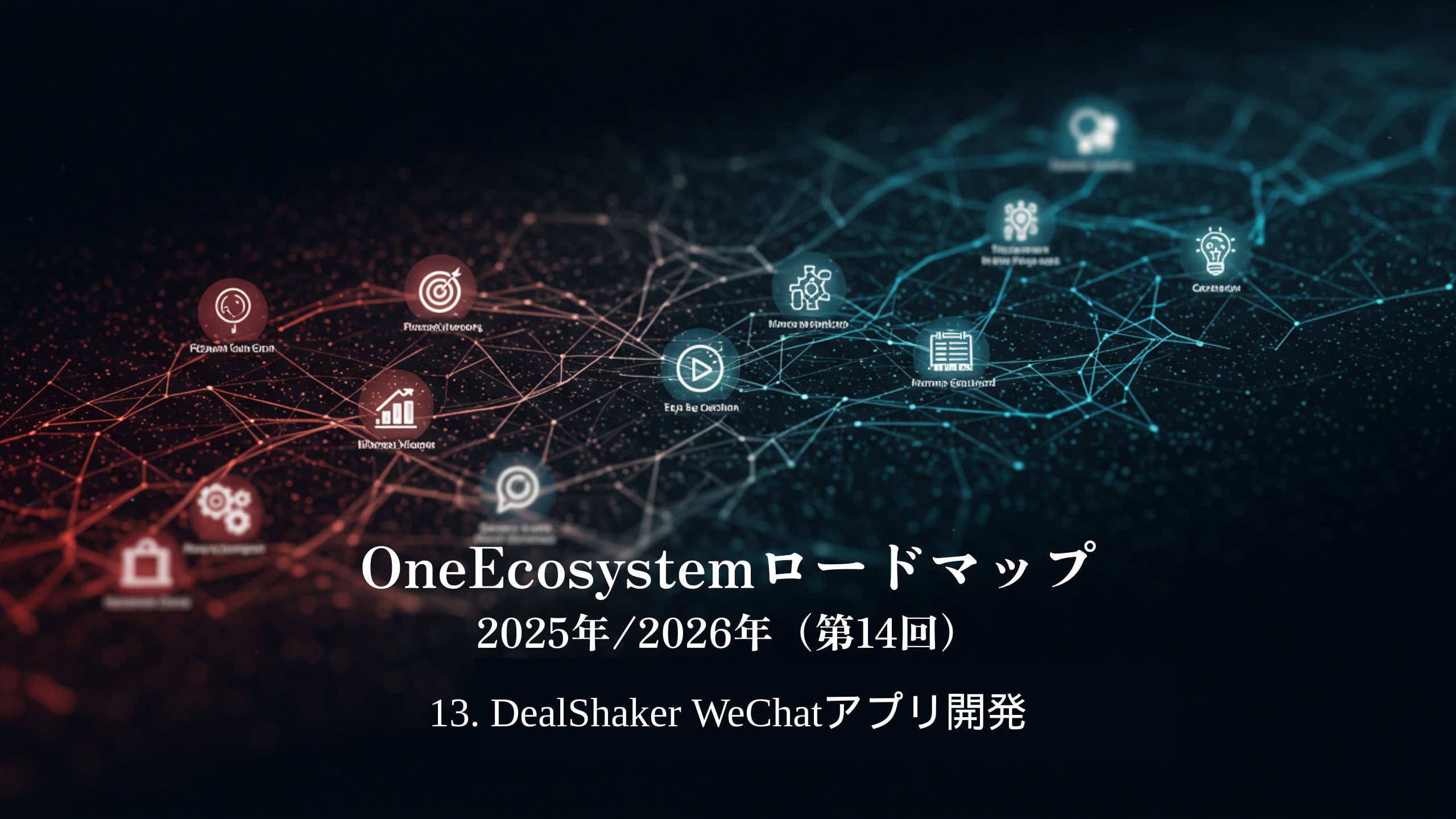 OneEcosystem Roadmap 2025/2026 (14.) 13. Dunkler Hintergrund zeigt "DealShaker WeChat App Development" auf Japanisch.