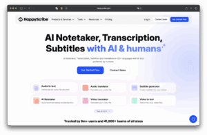 HappyScribe（ハッピースクリブ）のホームページのスクリーンショット。AIを利用したノート作成、テープ起こし、字幕作成のオプションが表示され、開始ボタンや営業への問い合わせボタンがある。ヘッダーはAIと人間のコラボレーションを強調している。.