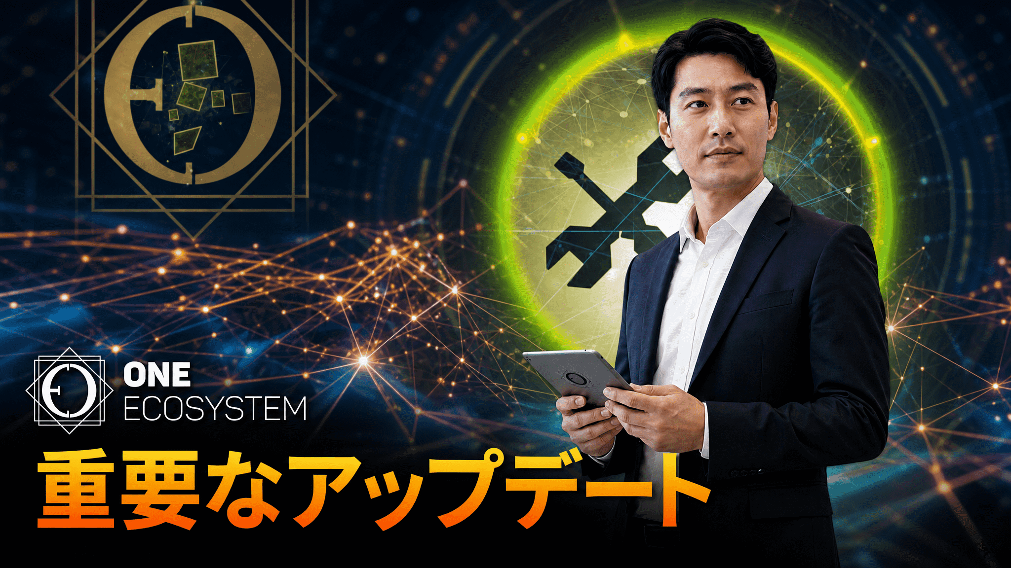 Ein Mann in einem Anzug hält ein Tablet und steht vor digitalen Symbolen und Netzwerk-Grafiken. Der Bildschirm zeigt japanischen Text und die Aufschrift "ONE ECOSYSTEM", wobei unten in großen orangefarbenen Buchstaben das "2026 Upgrade" des Wallet-Systems hervorgehoben wird. 